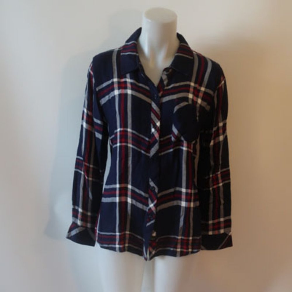 Womens Rails Hunter Navy Blue Red Plaid Check Button Shirt L *
